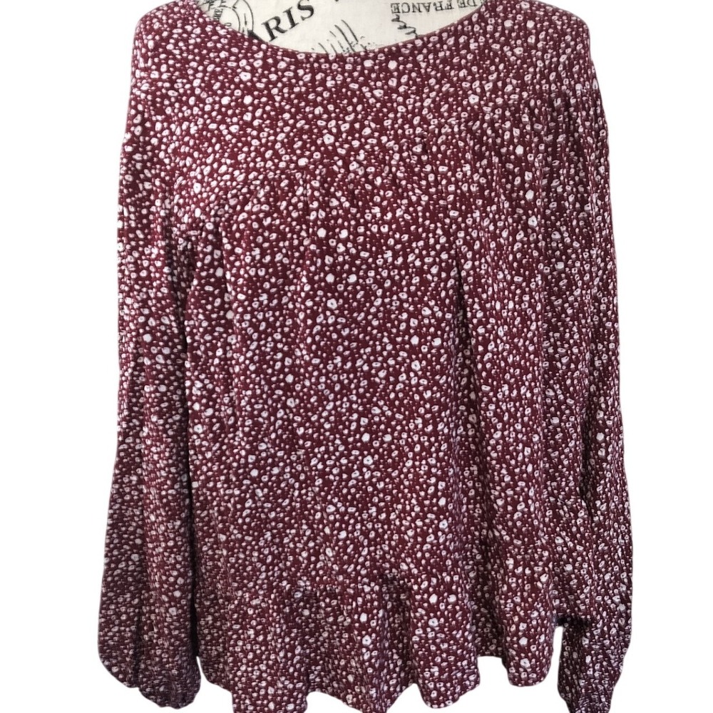 Shop the Mint Medium Burgundy Speckled Bell‎ Sleeve Elastic Cuff Peplum Blouse